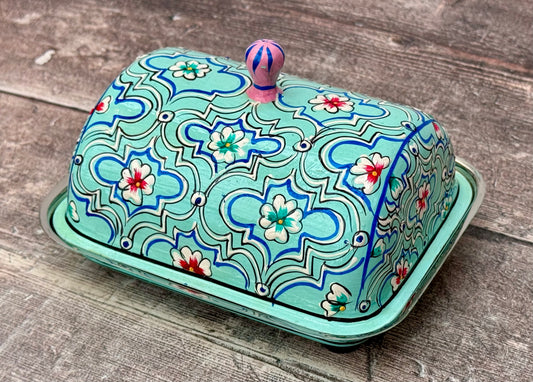 Handpainted Turquoise Butter Dish