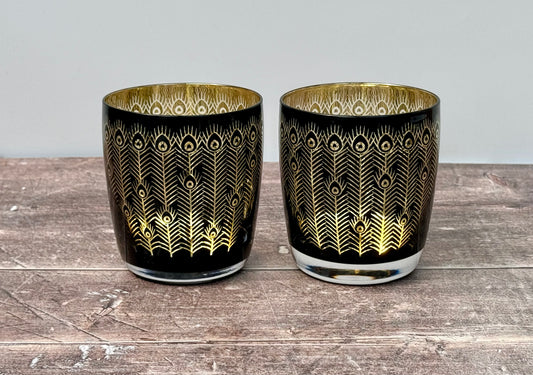 Set of 2 Black and Gold Peacock Tumbler Glasses