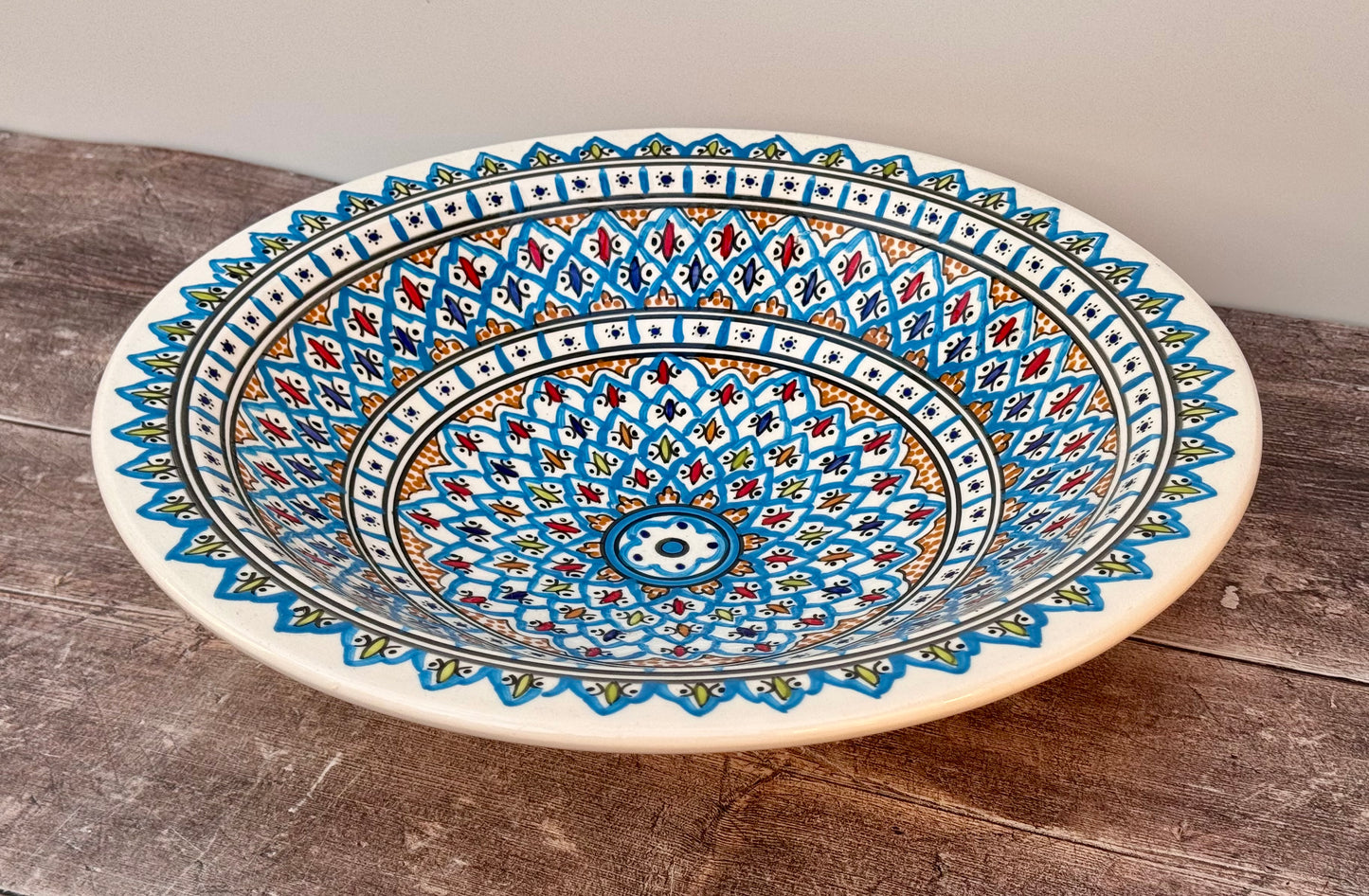 Light Blue Patterned Bowl with Flat Rim, 38cm