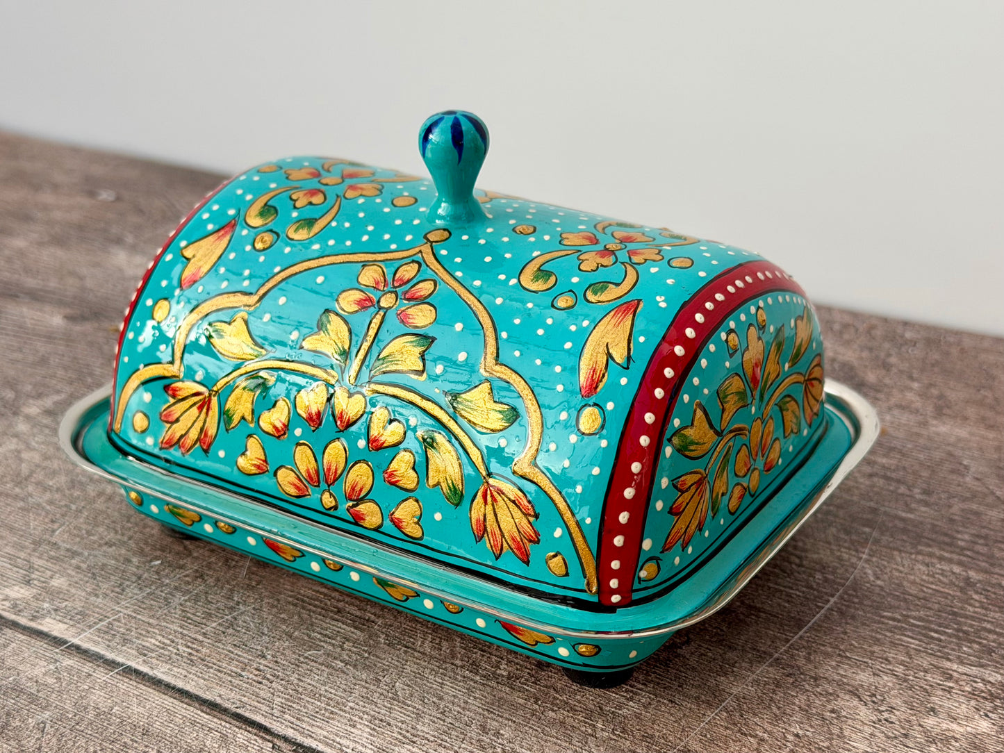Handpainted Blue Patterned Butter Dish