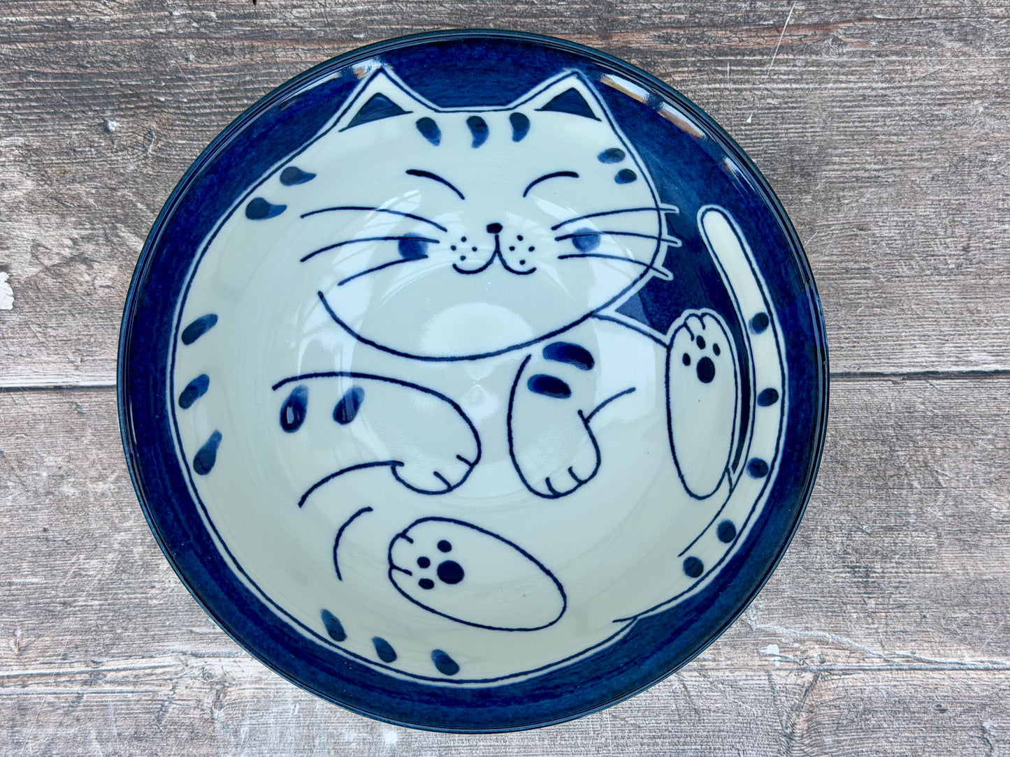 Blue and White Cat Patterned Japanese Bowl, 20cm