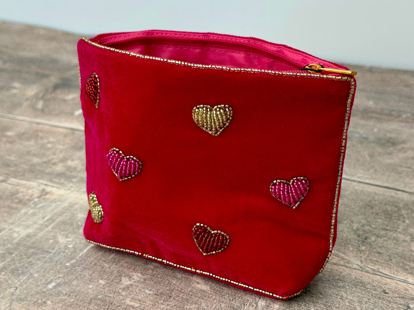 Pink Velvet Beaded Heart Design Pouch