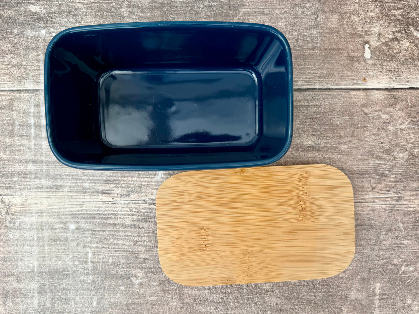 Scandi Home Navy Flower Patterned Butter Dish with Wooden Lid