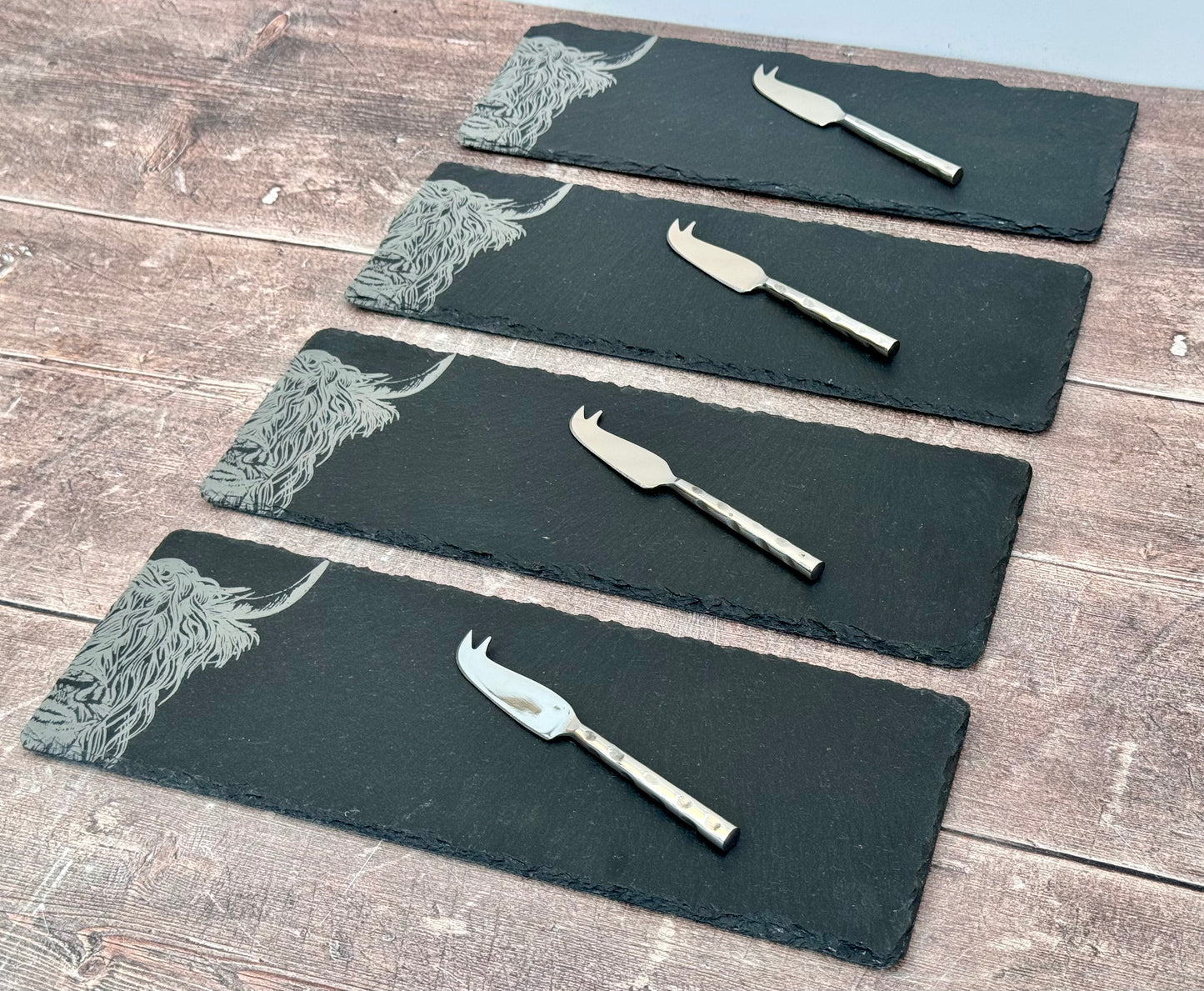 Set of 4 Highland Cow Slate Boards and Cheese Knives Set