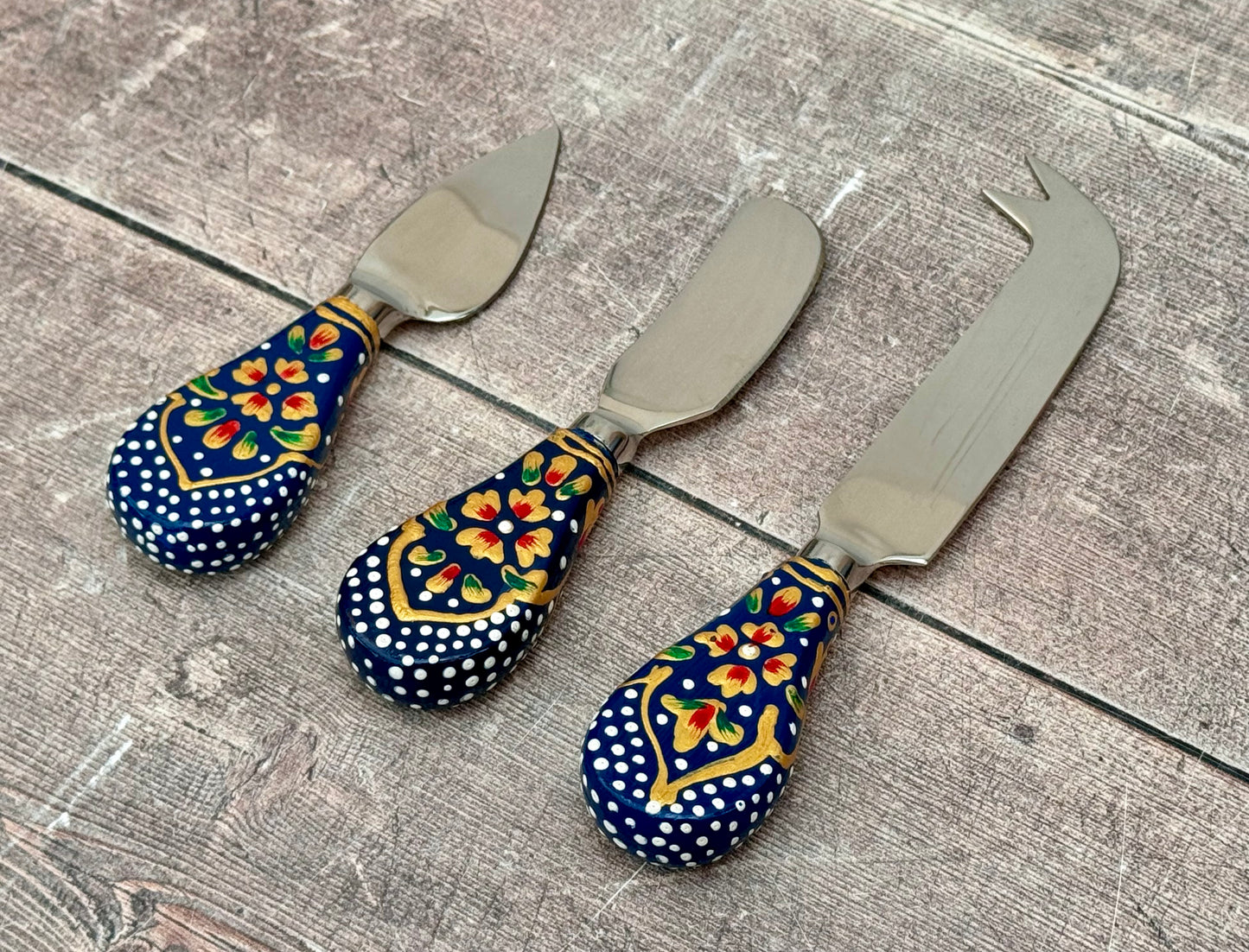 Cheese Knife Set with hand painted handles - Navy Flower Design