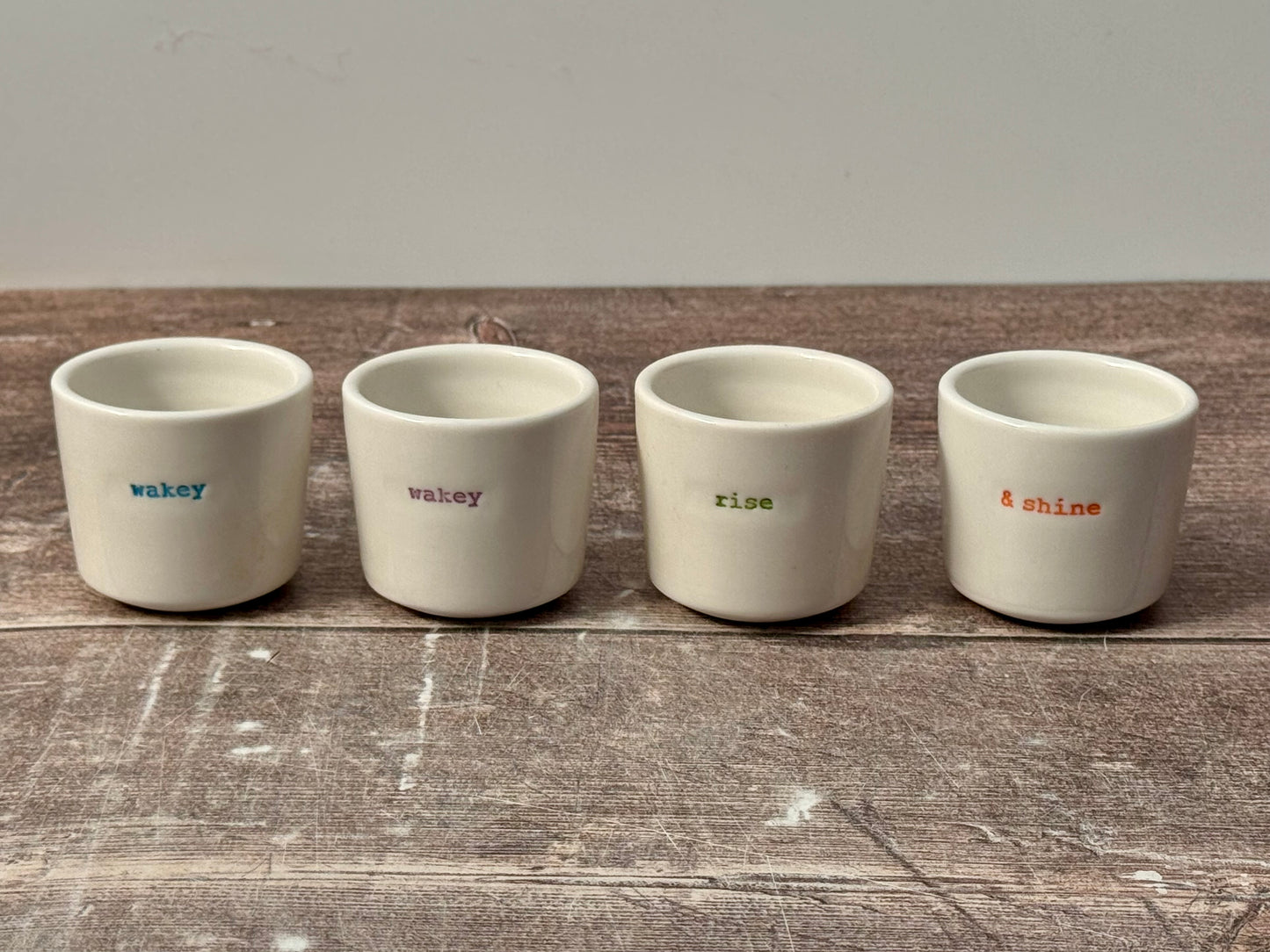 Set of 4 ‘wakey wakey rise and shine’ Egg Cups