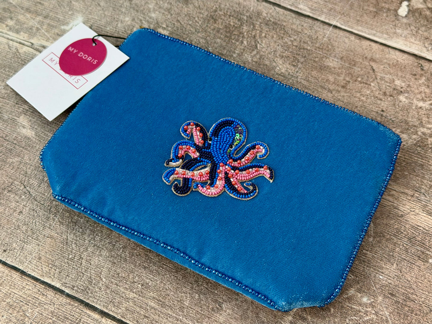 Blue Velvet Beaded Octopus Design Pouch