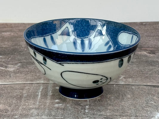 Blue and White Cat Patterned Small Japanese Bowl, 11.5cm
