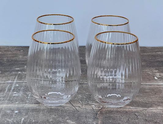 Stemless Wine Glasses with a Gold Rim, Box of 4