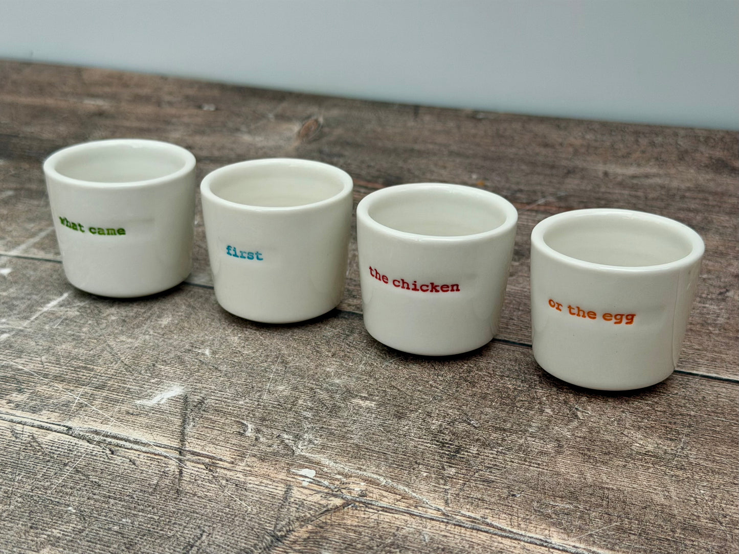 Set of 4 ‘what came first the chicken or the egg’ Egg Cups