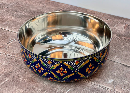 Hand Painted Stainless Steel Serving Bowl / Dish - Navy and Gold (Design 4)