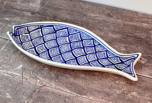 Blue and White Patterned Fish Plate, 30cm