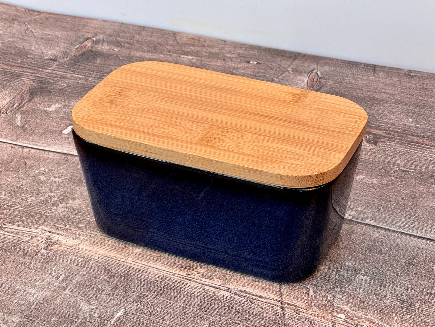 Scandi Home Navy Blue Butter Dish with Wooden Lid