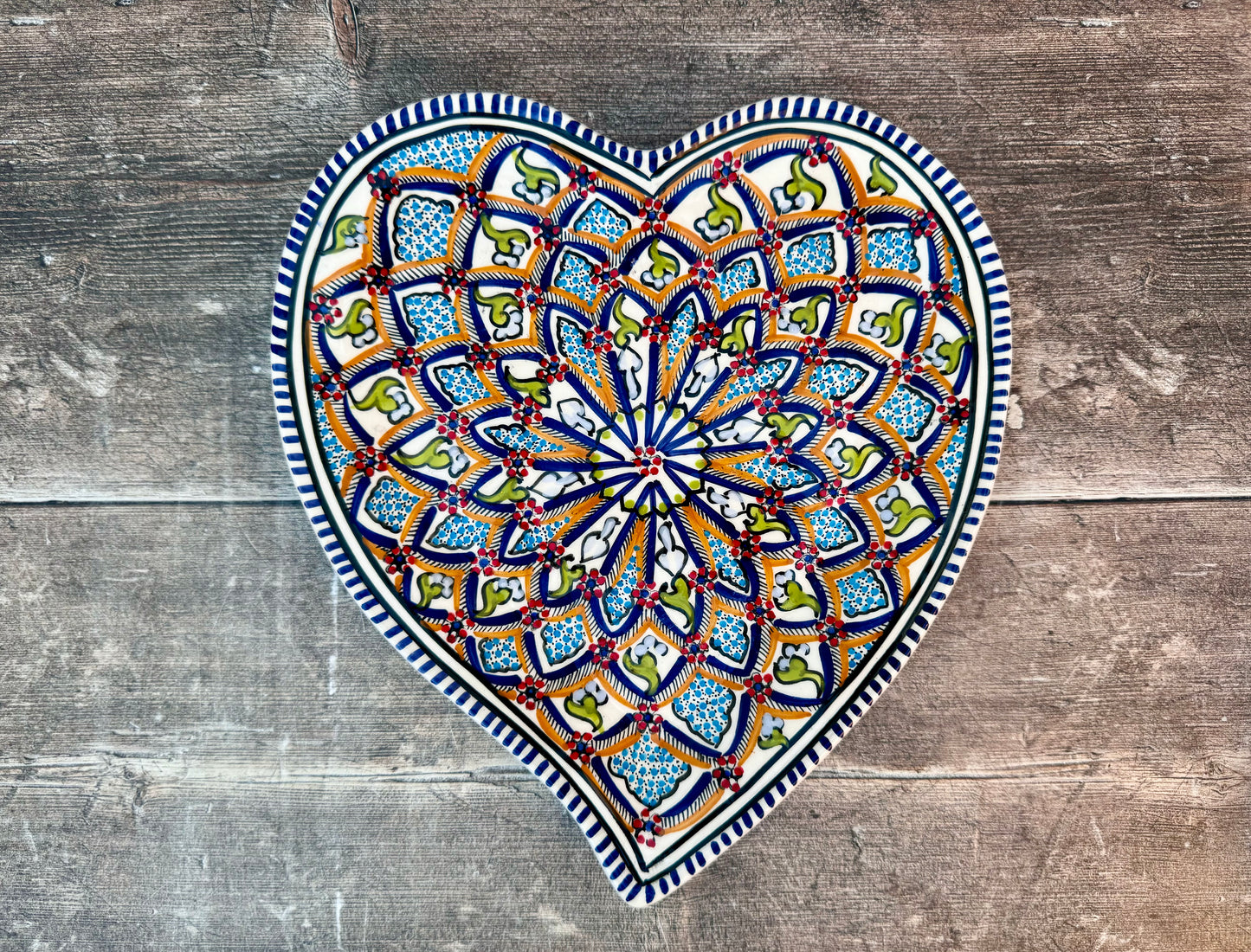 Dark Blue Patterned Heart Shaped Plate, 28cm