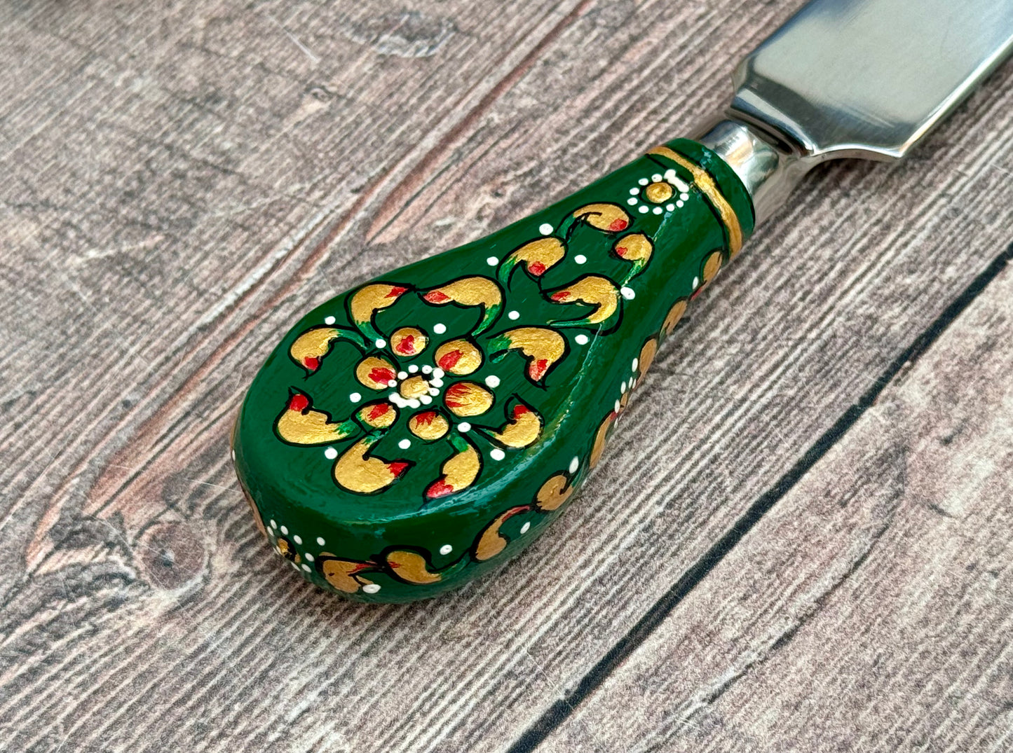 Cheese Knife Set with hand painted handles - Green Flower Design