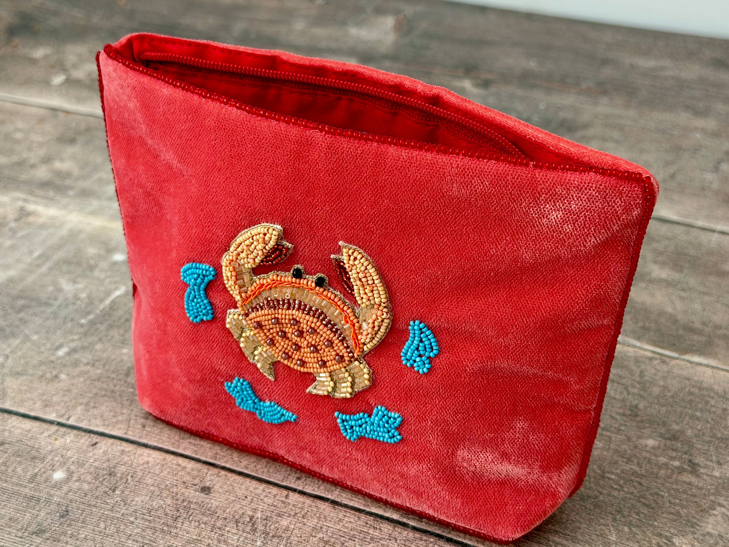 Red Velvet Beaded Crab Design Pouch