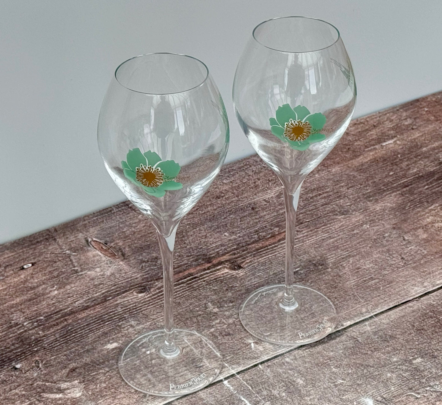 Pair of Perrier-Jouet Fernando Laposse Green Hummingbird Champagne Glasses