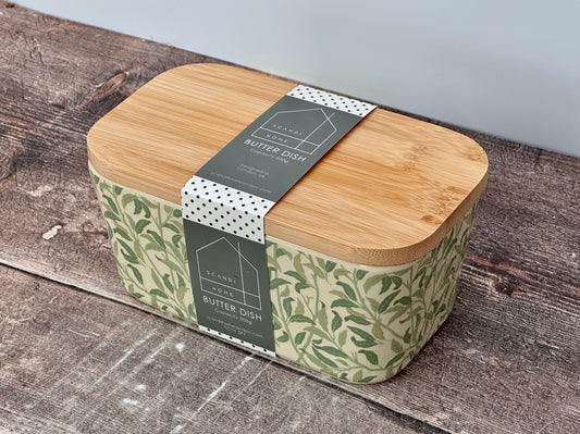 Scandi Home Green Leaves Patterned Butter Dish with Wooden Lid