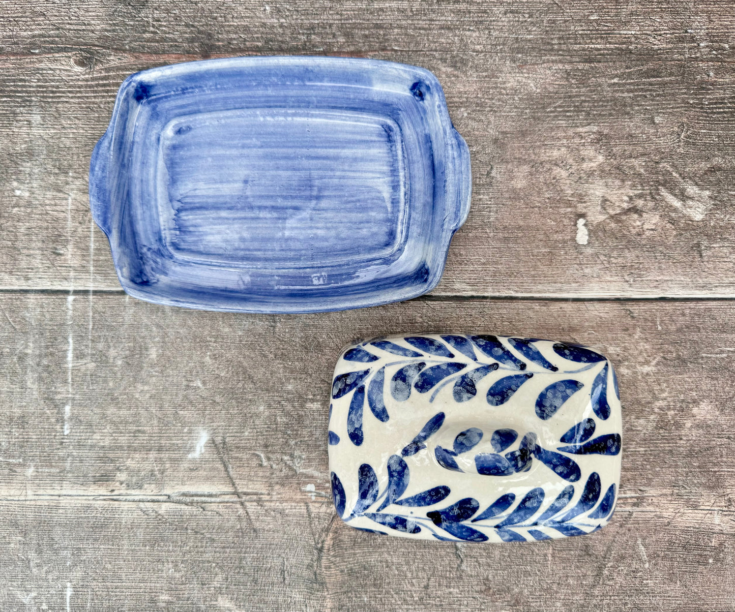 Blue Leaf Patterned Butter Dish