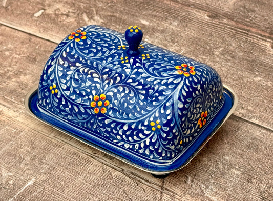 Handpainted Blue Swirl Patterned Butter Dish