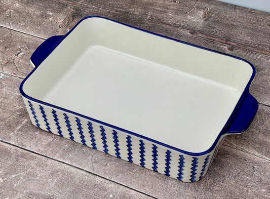 Blue and White Zig Zag Rectangular Baking Dish, 34cm