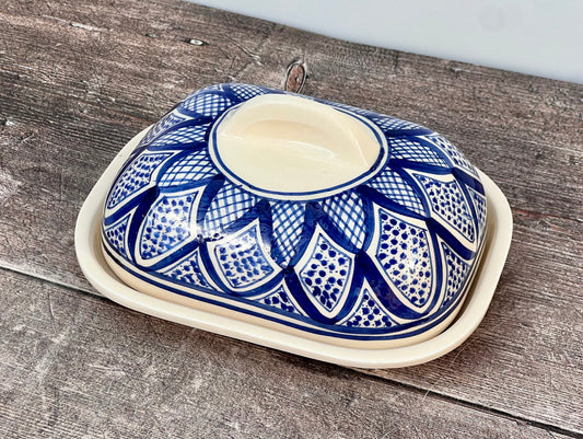 Blue and White Patterned Butter Dish