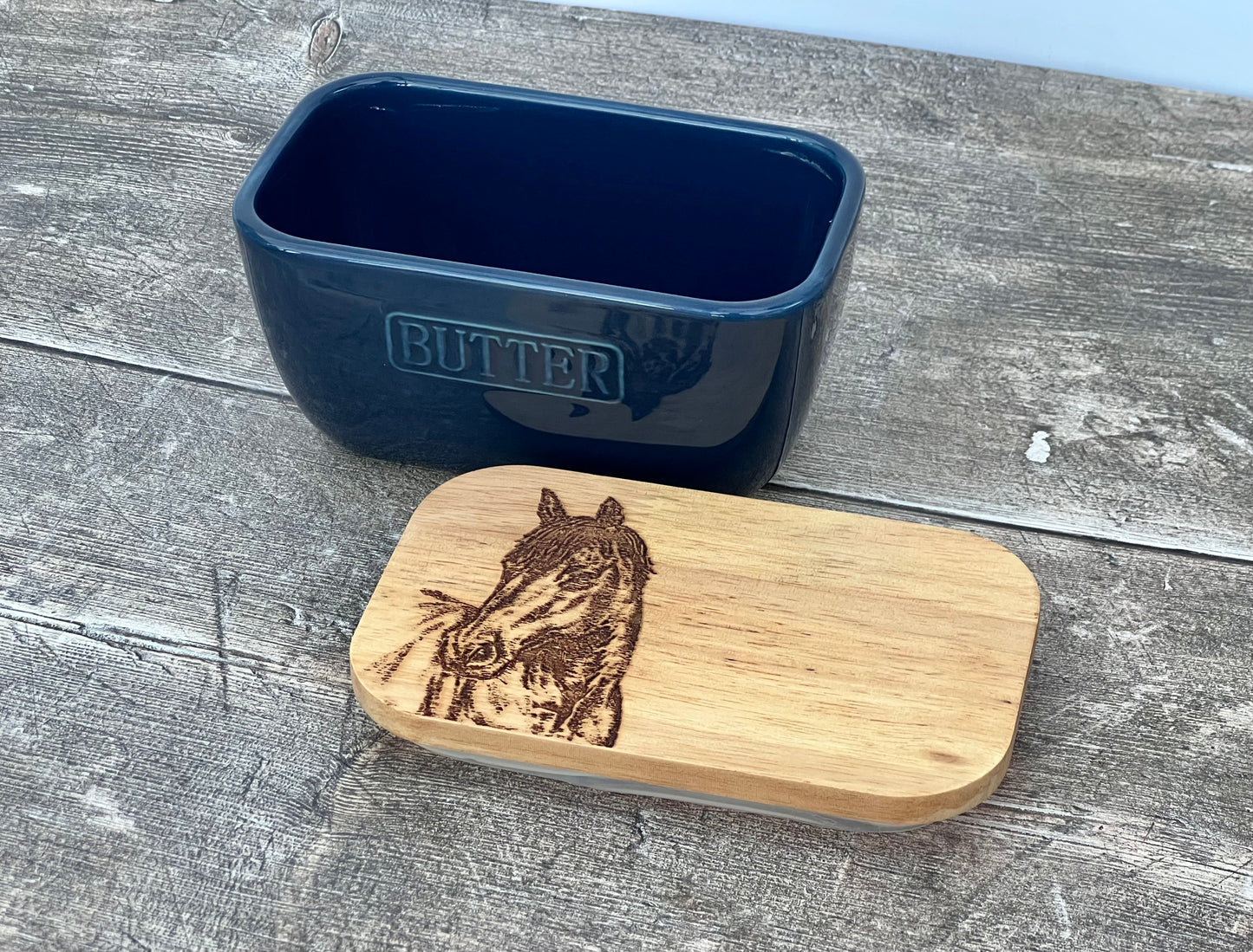 Horse Blue Butter Dish