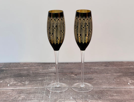 Set of 2 Black and Gold Peacock Patterned Champagne Flutes