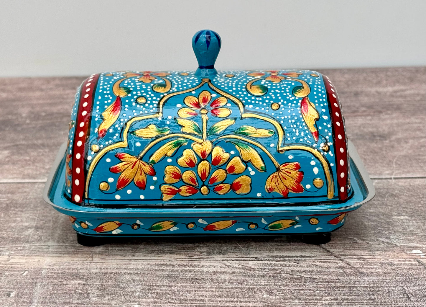 Handpainted Blue Patterned Butter Dish