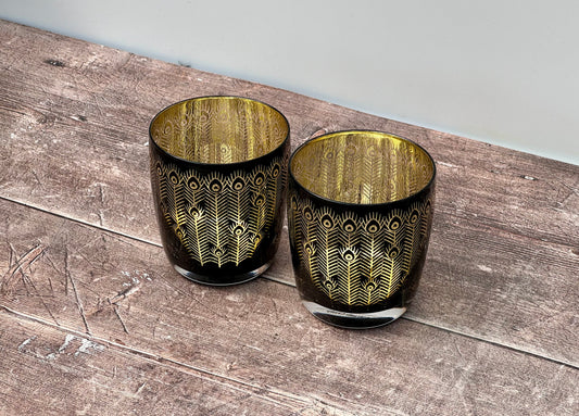 Set of 2 Black and Gold Peacock Tumbler Glasses