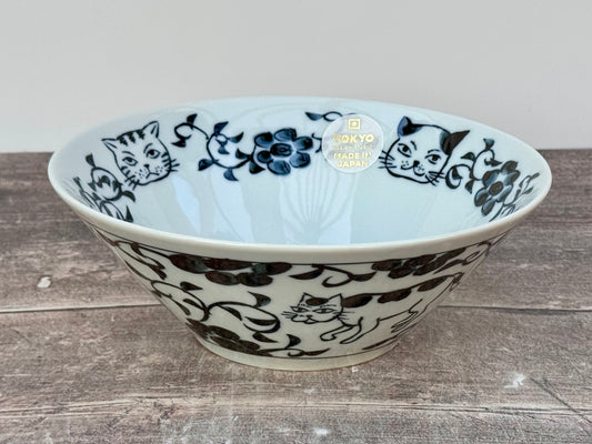 Blue and White Cat Patterned Japanese Bowl, 20.5cm