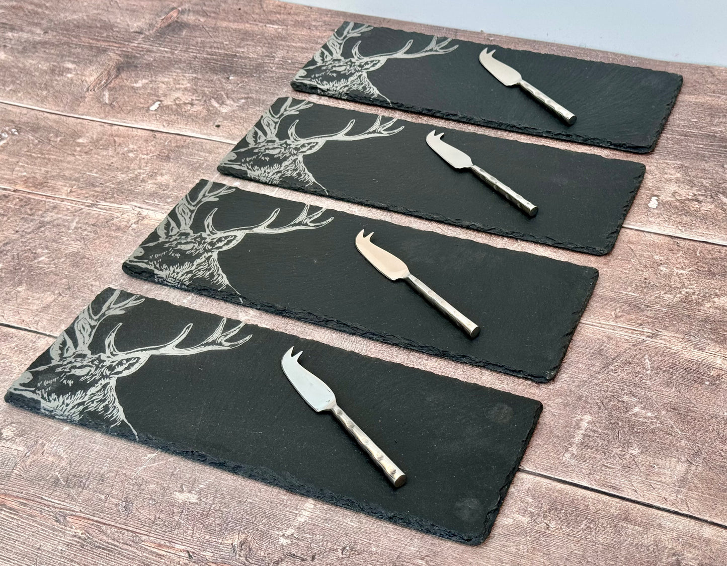 Set of 4 Stag Slate Boards and Cheese Knives Set