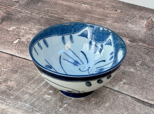 Blue and White Cat Patterned Small Japanese Bowl, 11.5cm