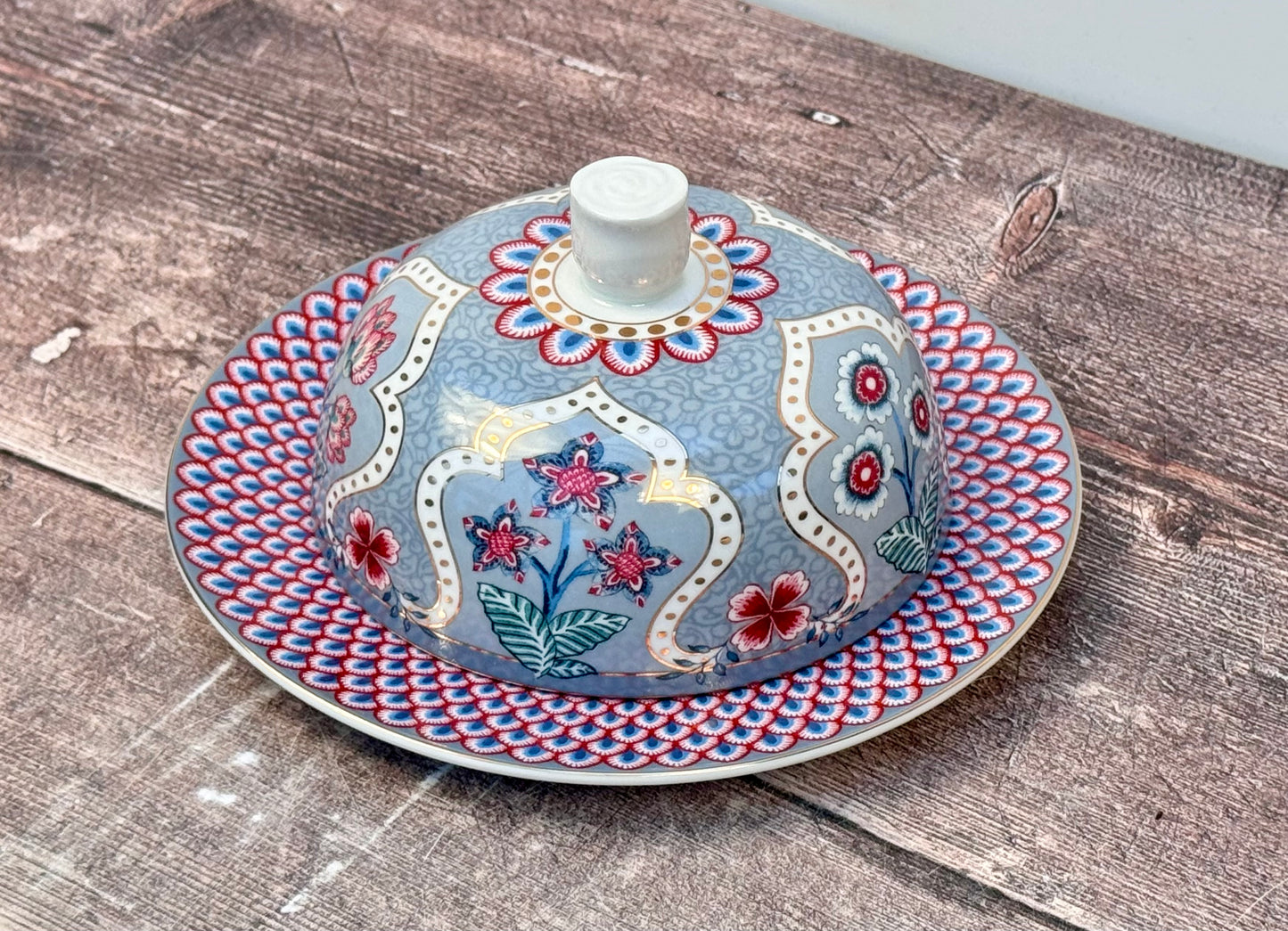 Blue Patterned Round Butter Dish, 17cm