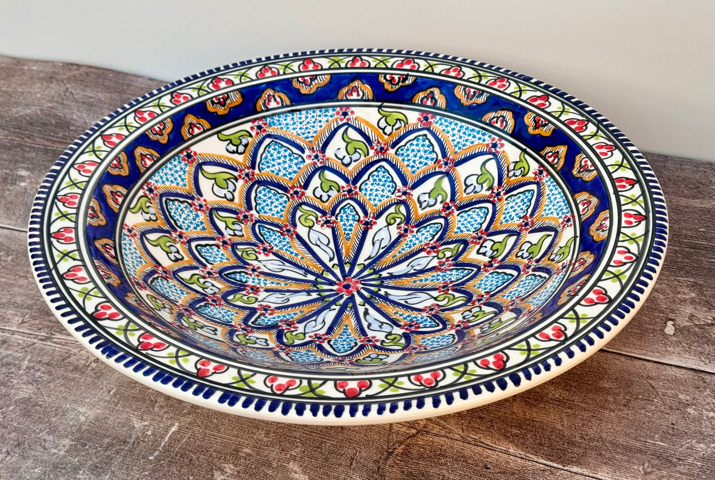 Dark Blue Patterned Bowl with Flat Rim, 38cm