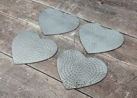 Set of 4 Silver Tone Heart Hammered Coasters