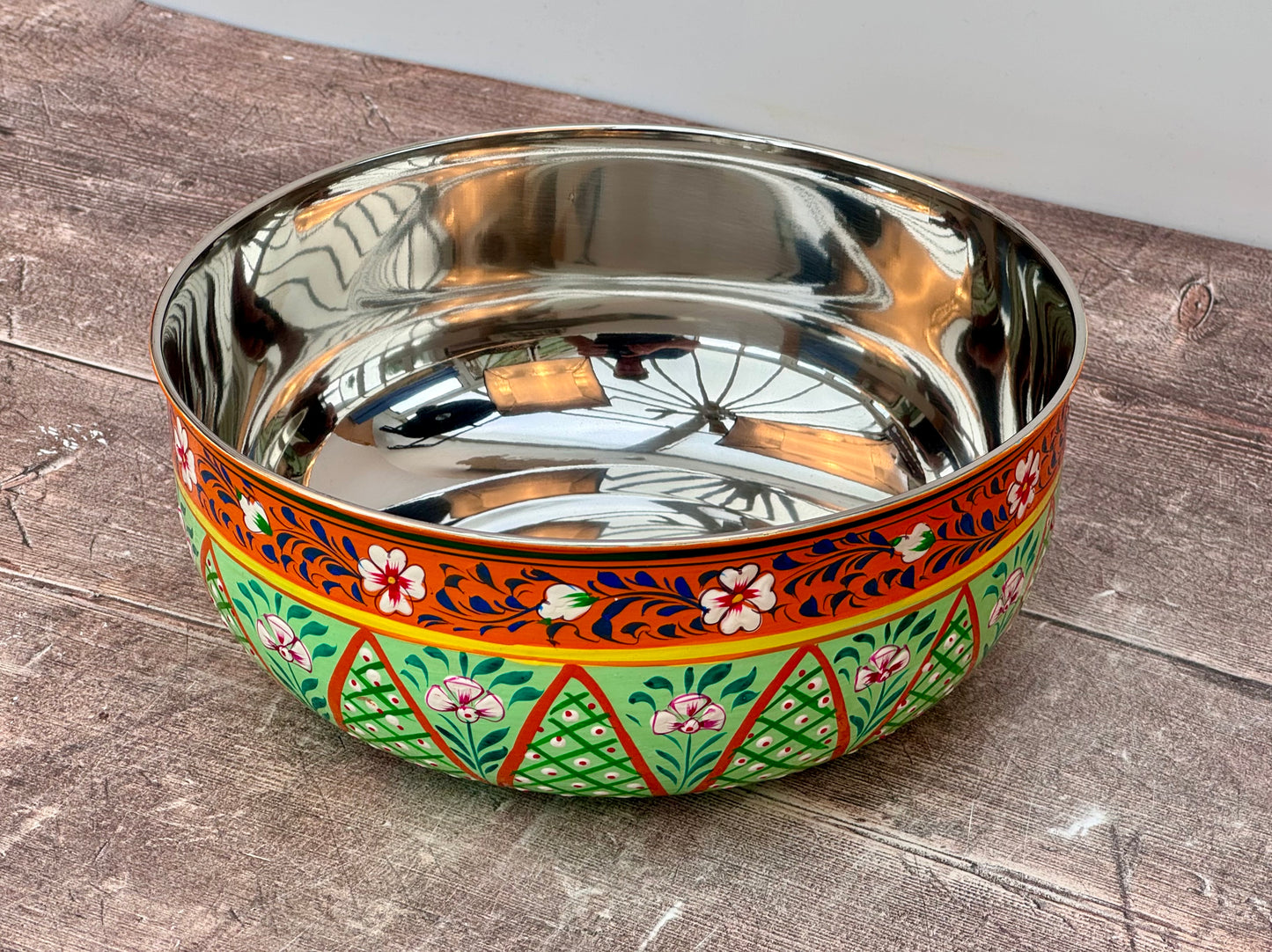 Hand Painted Stainless Steel Serving Bowl / Dish - Green and Orange (Design 5)