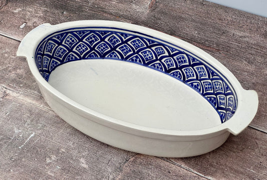 Blue and White Handpainted Oval Baking Dish, 32cm