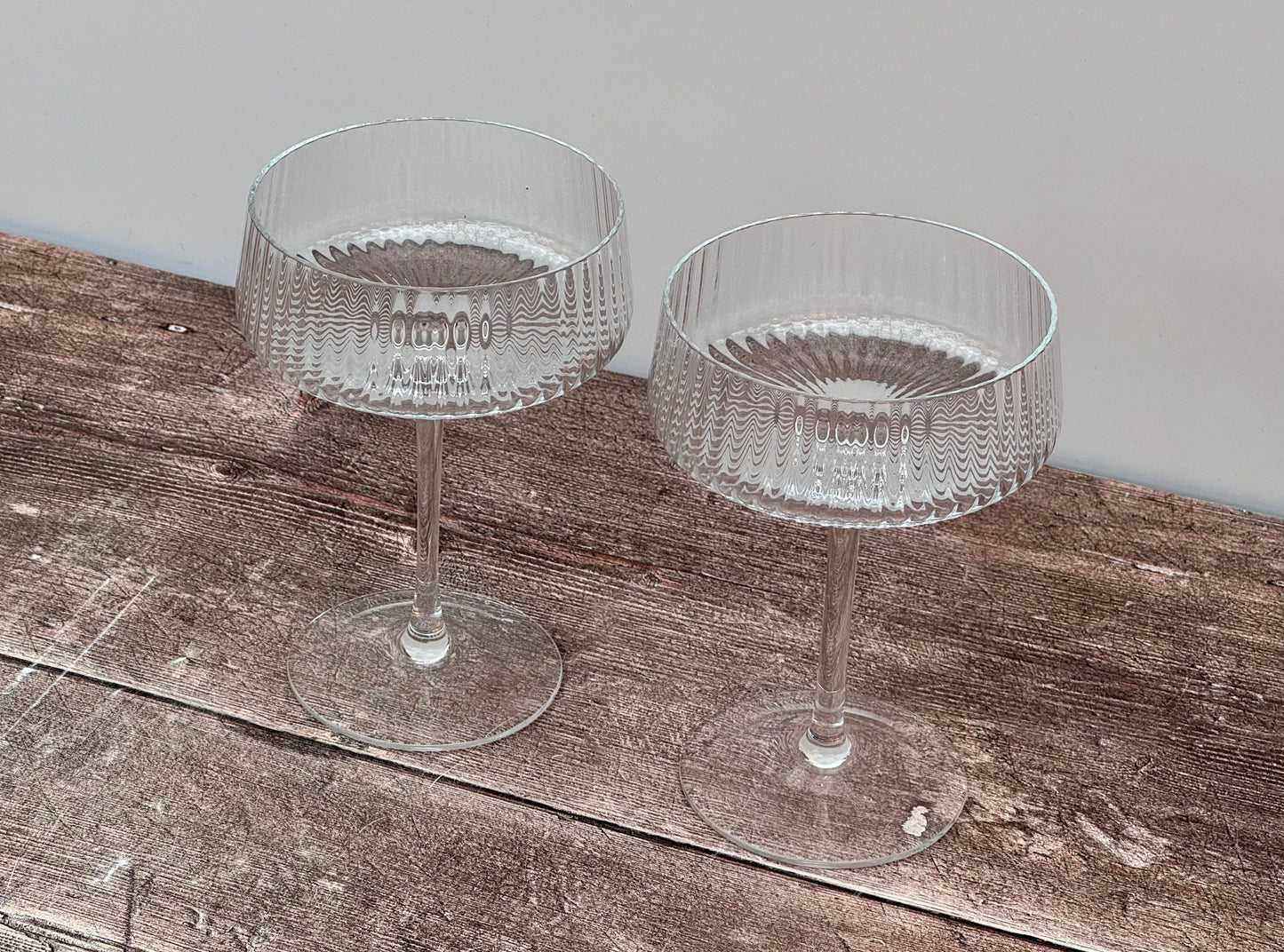 Set of 2 Ribbed/Linear Empire Champagne/Cocktail Saucer/Glasses