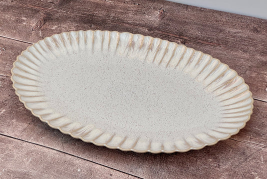 Sand Beige Scallop Edge Oval Serving Plate, 41cm