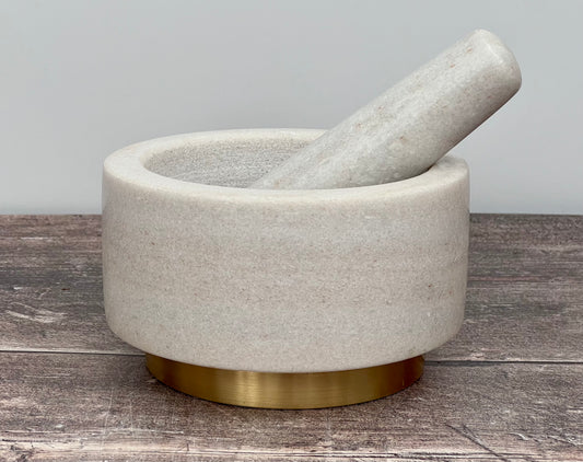 White Marble with Gold Mortar and Pestle