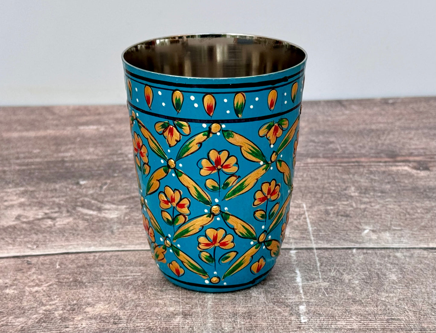 Hand Painted Stainless Steel Drinking Tumbler - Turquoise and Gold (Design 3)