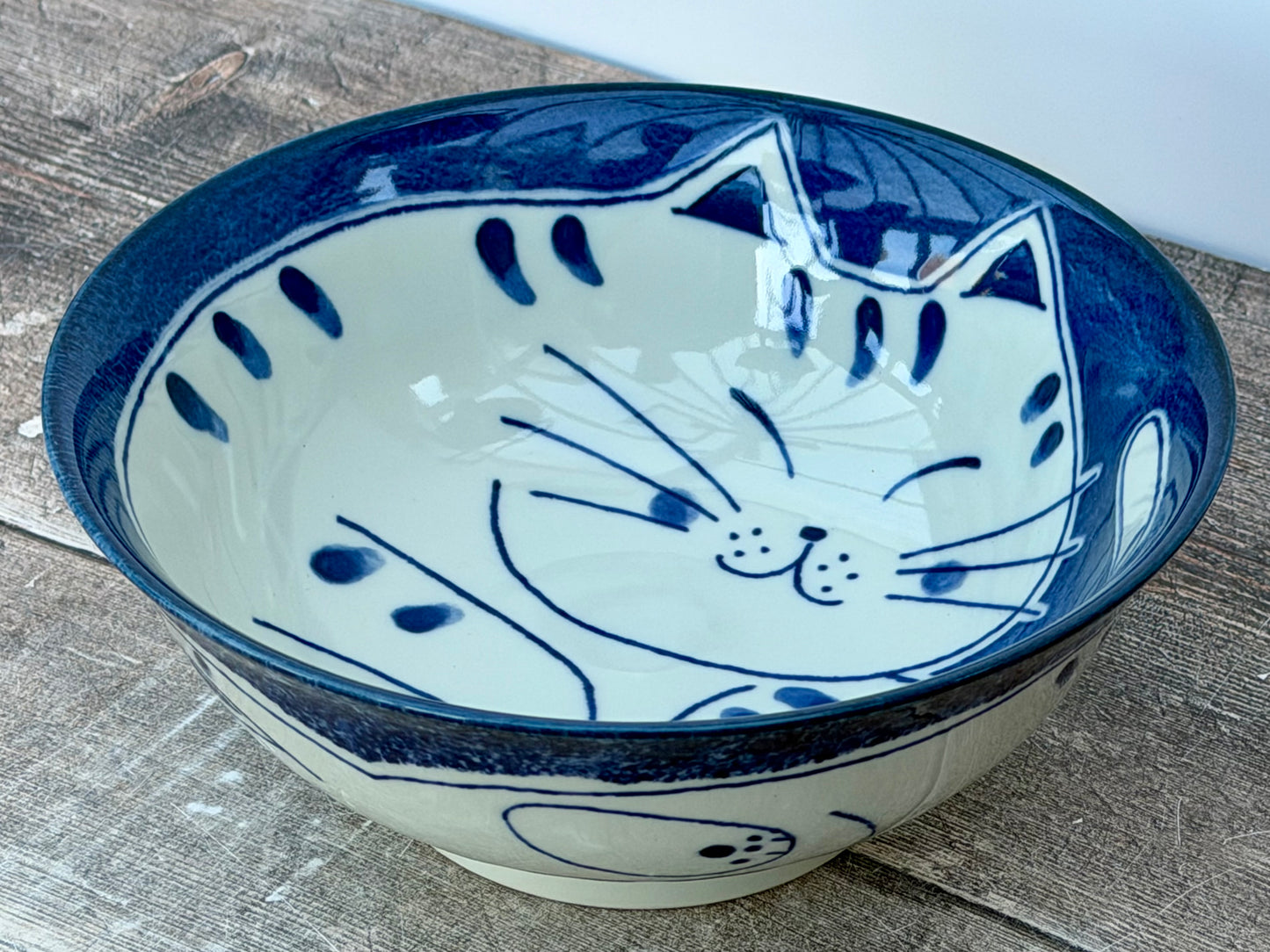 Blue and White Cat Patterned Japanese Bowl, 20cm