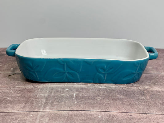 Teal Leaf Patterned Rectangular Baking Dish with Handles, 26.5cm