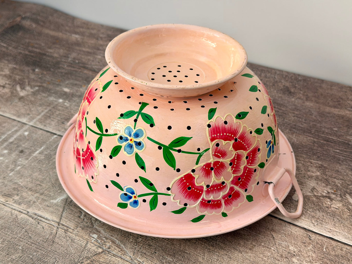 Hand Painted Stainless Steel Serving Bowl / Dish - Pale Pink Flower Design