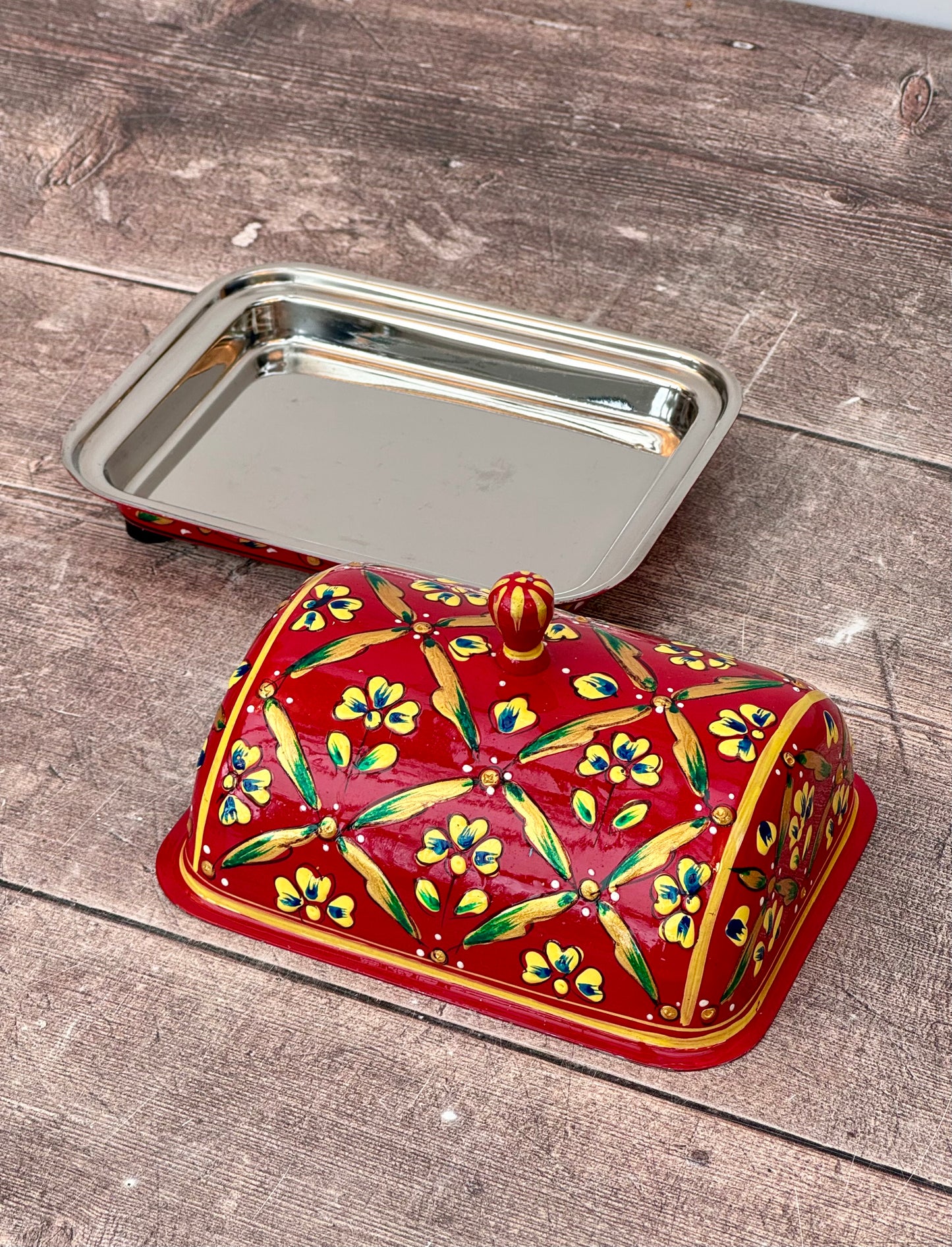 Handpainted Red Patterned Butter Dish