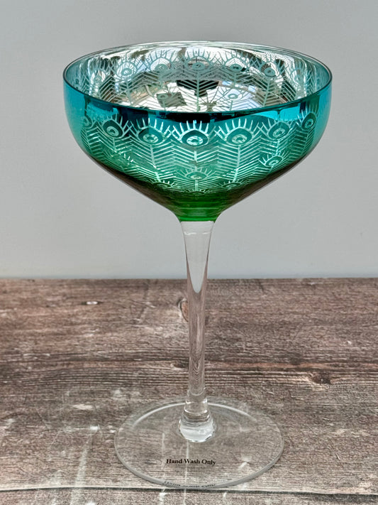 2 Peacock Champagne/Cocktail Saucer Glasses