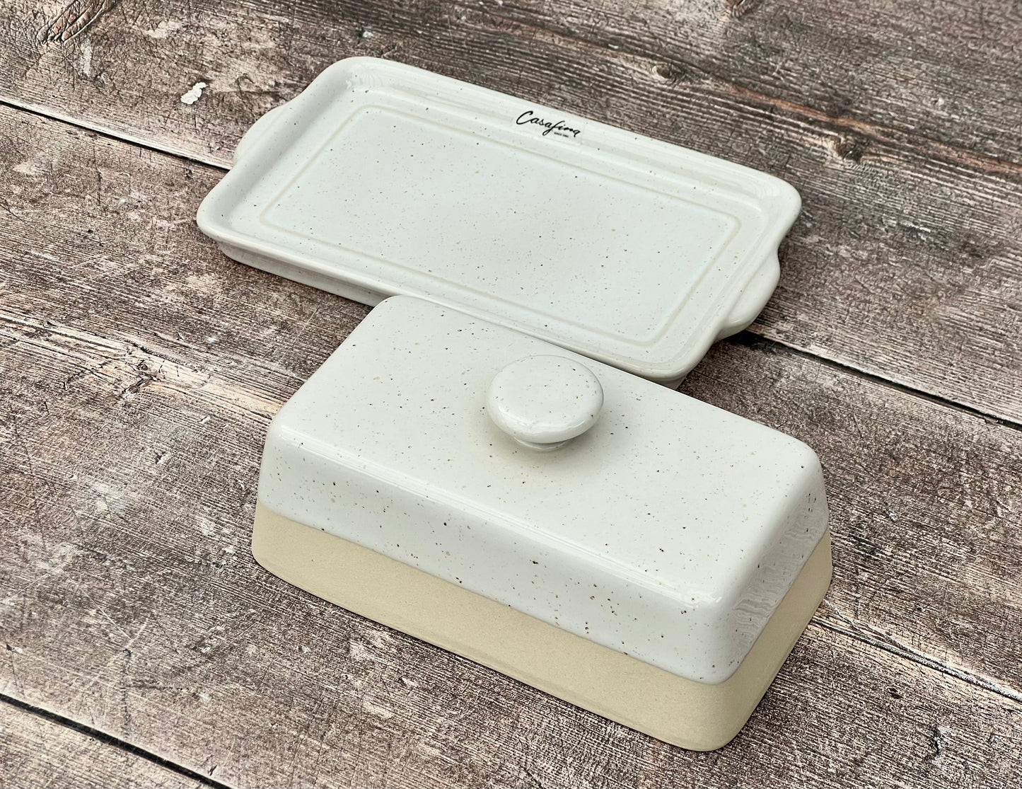 White Butter Dish with Cream Stripe