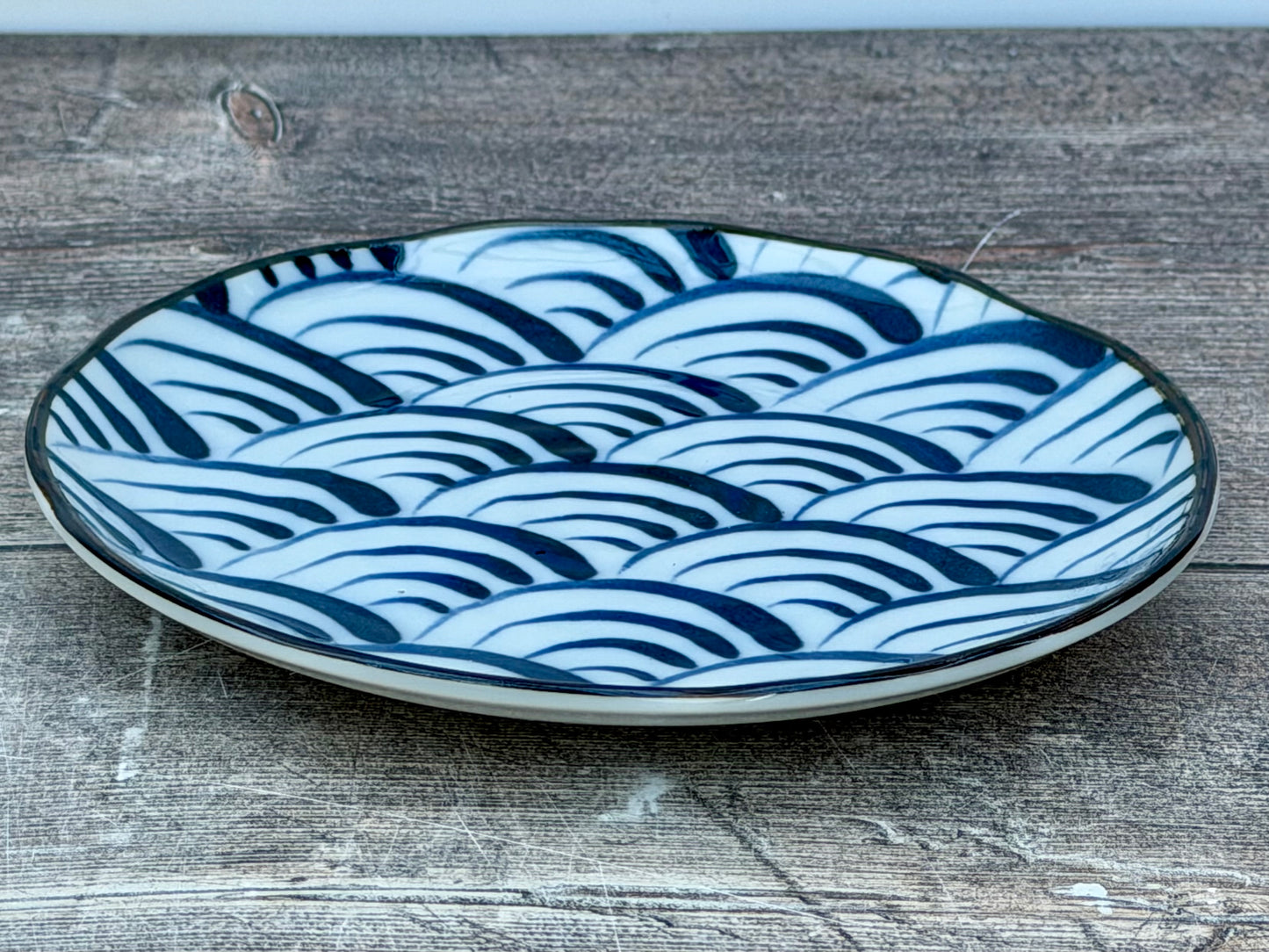 Blue and White Half Moon Patterned Japanese Plate, 16.5cm