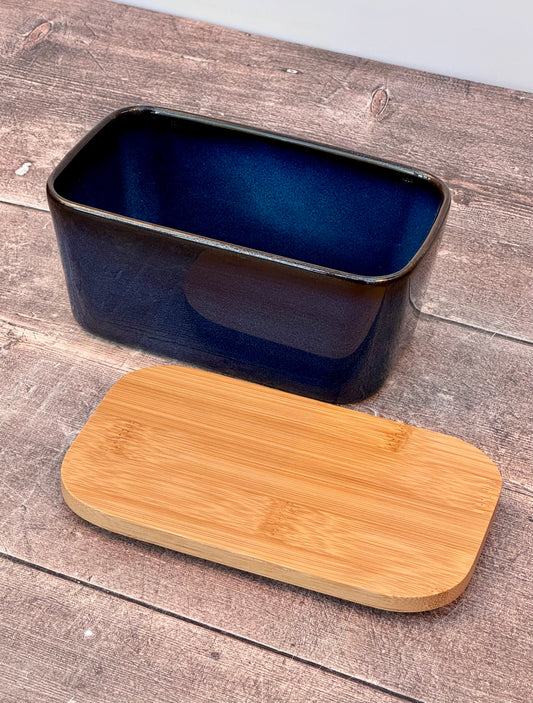 Scandi Home Navy Blue Butter Dish with Wooden Lid